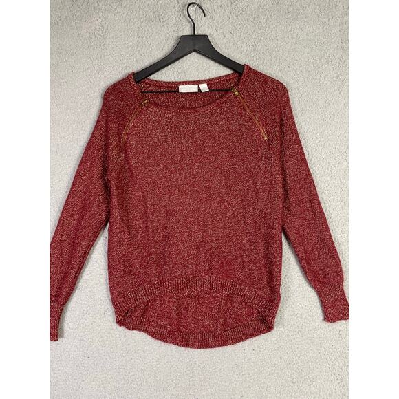 Bisou Bisou Red Metallic‎ Knit Sweater XS Gold Zip Detail Long Sleeve Pullover - Picture 3 of 9